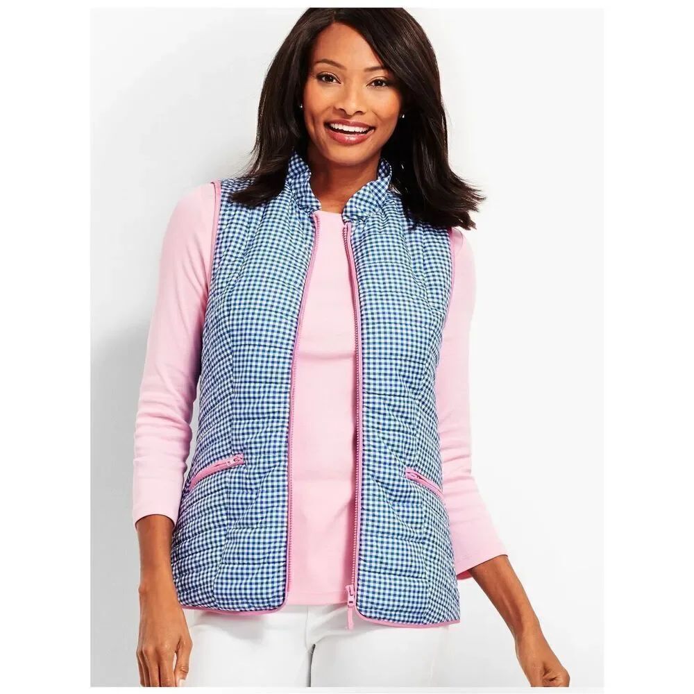 Talbots Quilted Gingham vest blue pink M